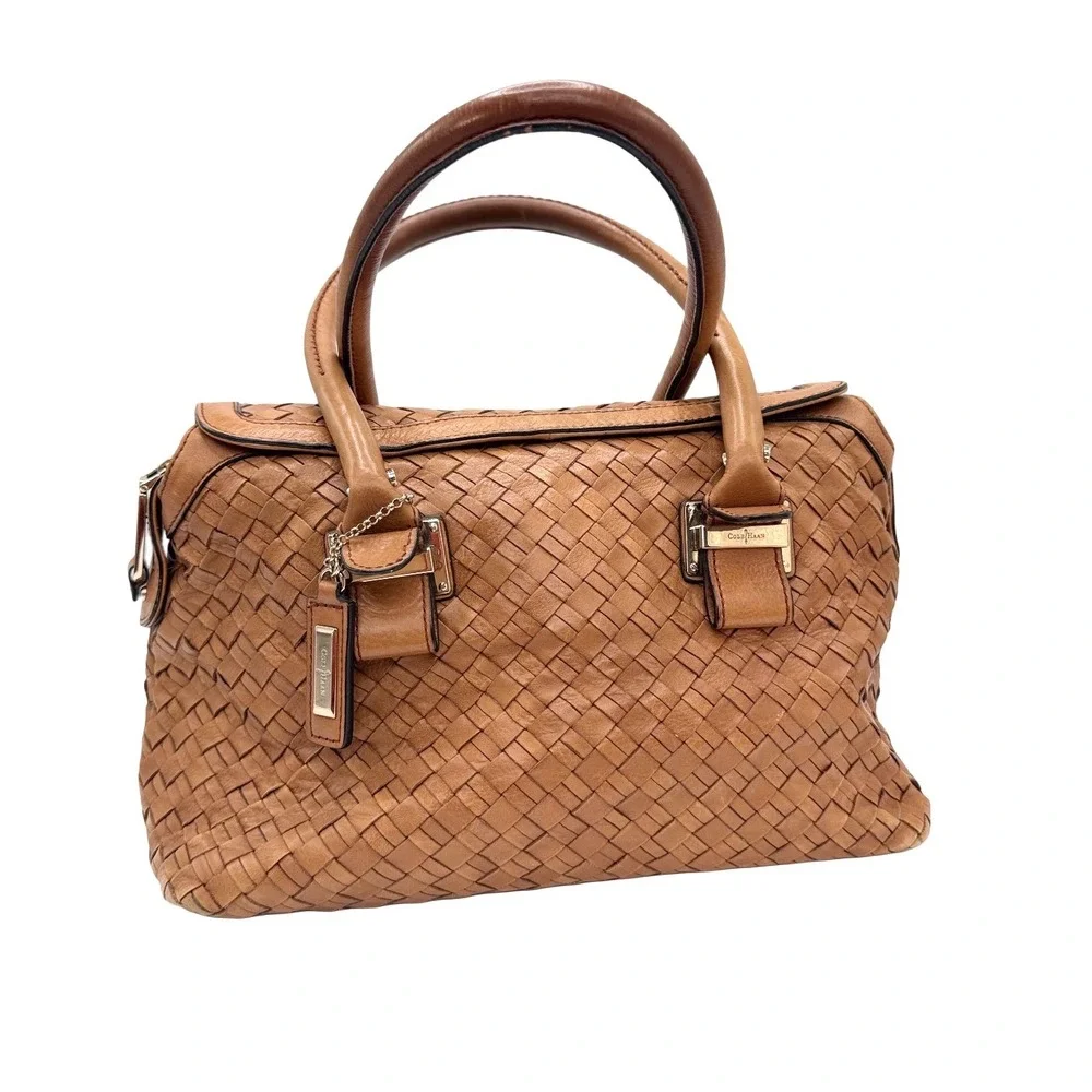 Cole Haan Woven Leather Doctor Satchel Bag Cognac Genevieve Y2K Boho Festival